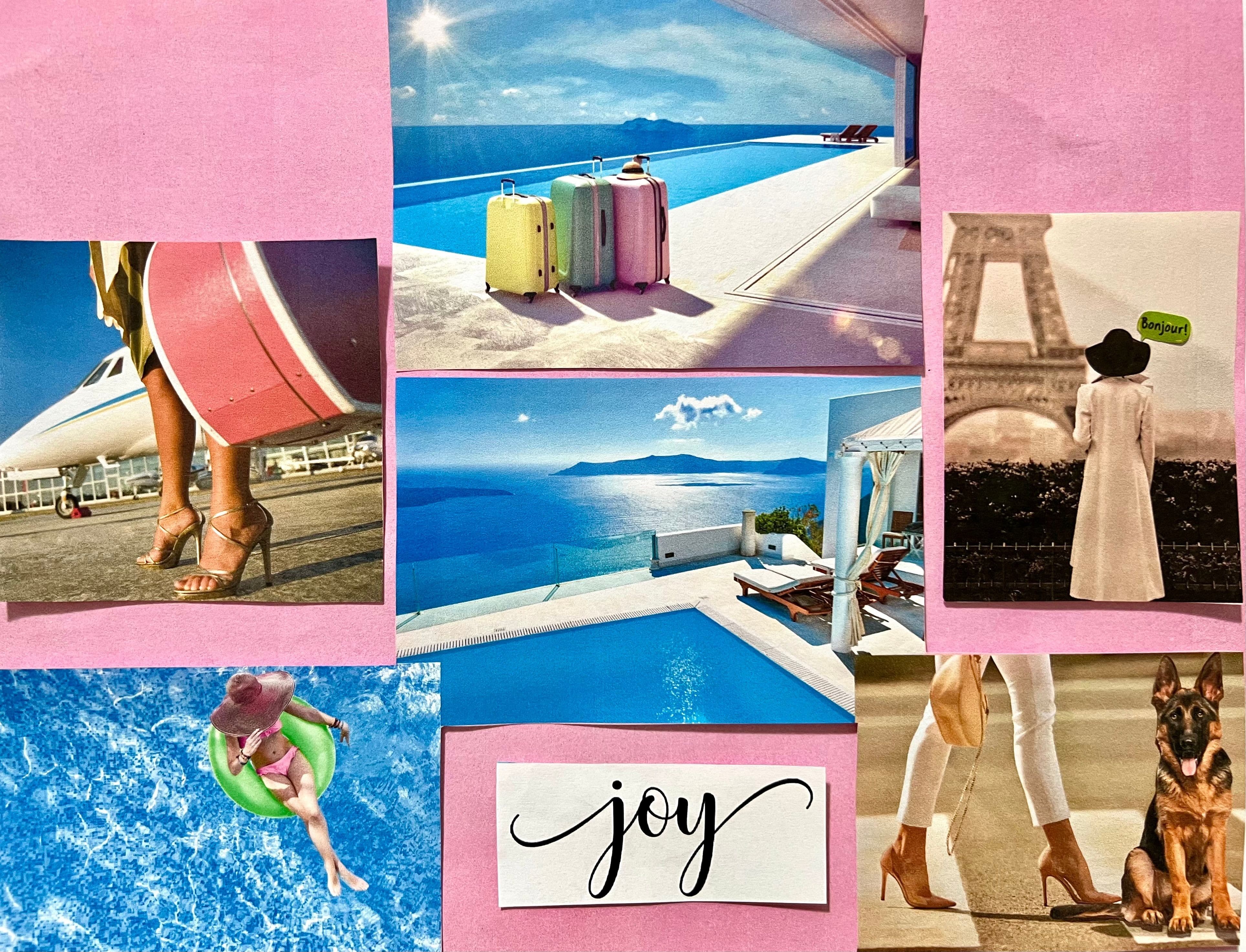 Melanie Gendron pink suitcase, colorful luggage, Parisian vacation, Travel trips, swimming, inner tube, hats, walking dog, joy, ocean views